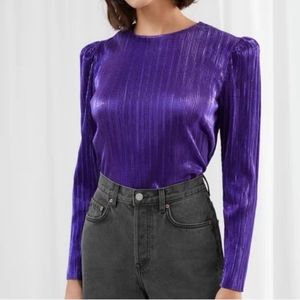& Other Stories Purple Metallic Plissé Puff Shoulder Blouse
